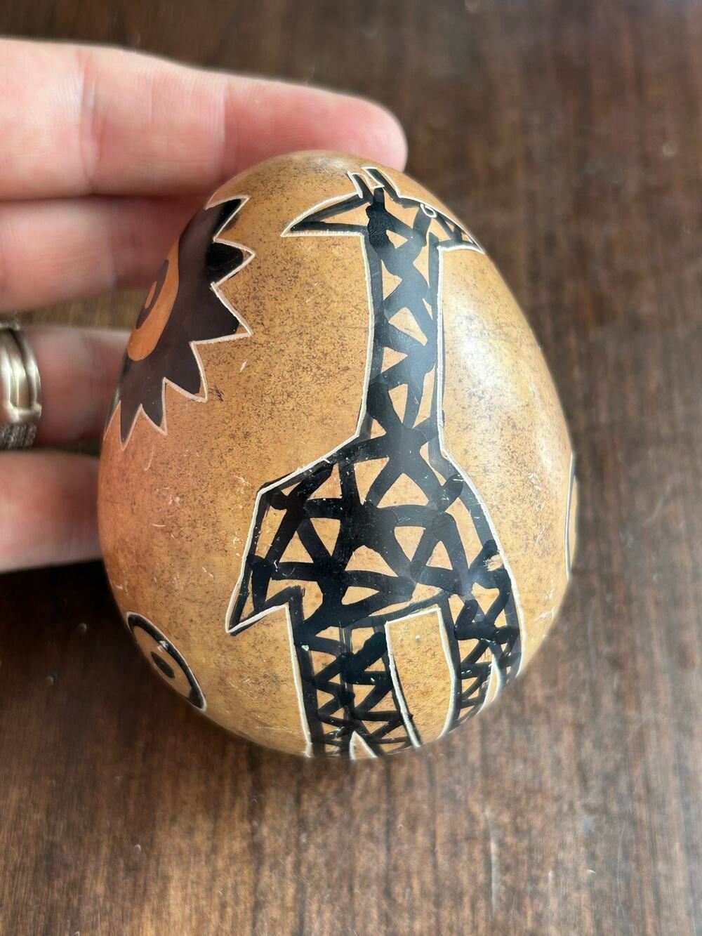 Vintage Kenya Hand Made Carved Stone Egg Etched & Painted Giraffe